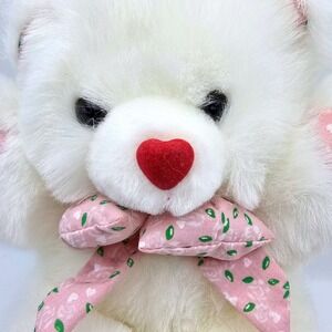Vtg 90s/Y2K White Teddy Fluffy Bear Plush Cloth Bow Red Heart Nose 9" Funny Kids